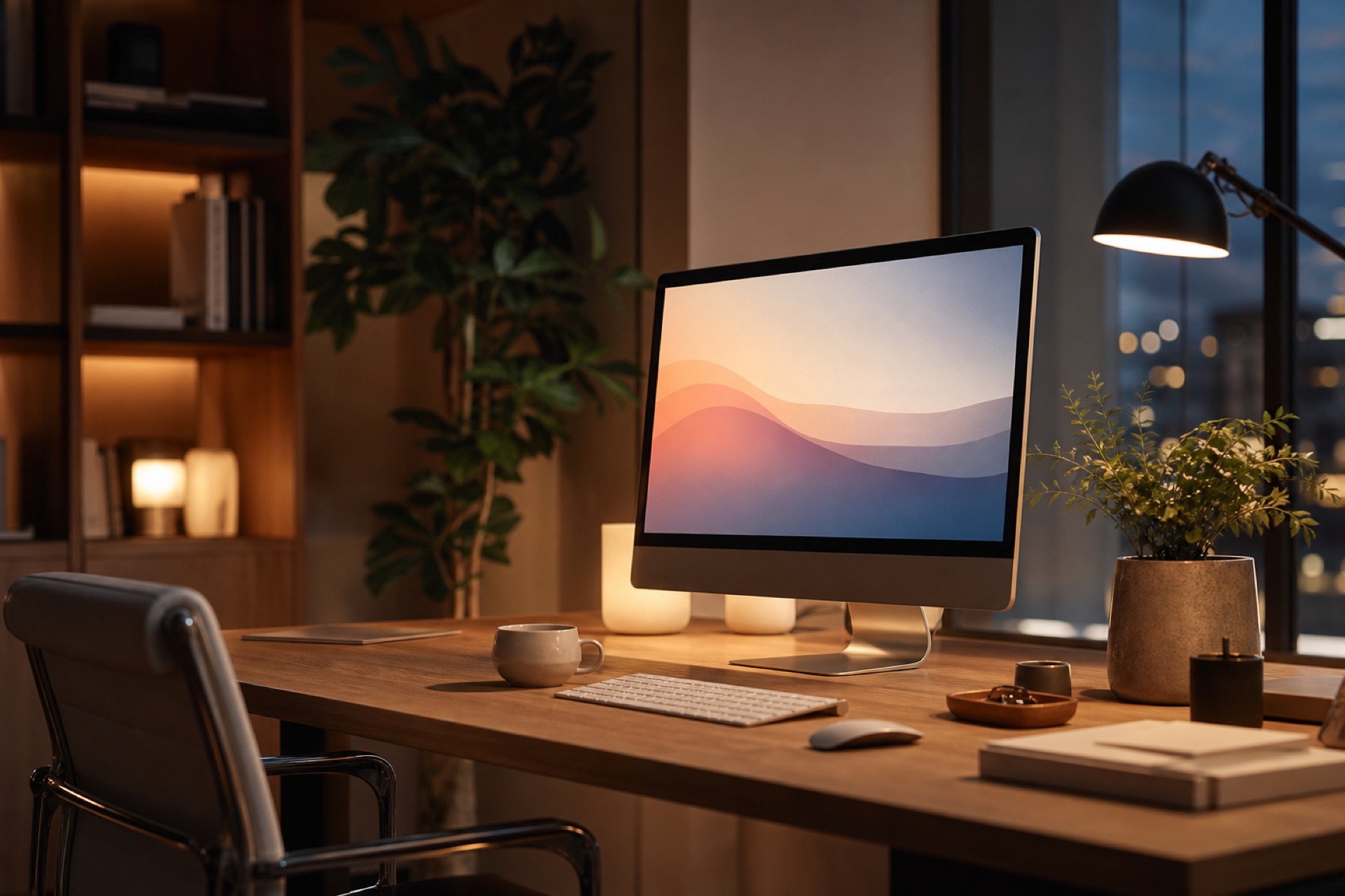 Gemütlicher Schreibtisch zu Hause mit eingerichtetem Mac